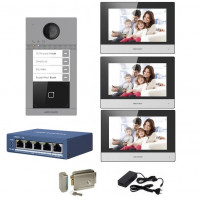 Kit complet videointerfon IP Hikvision pentru 3 familii