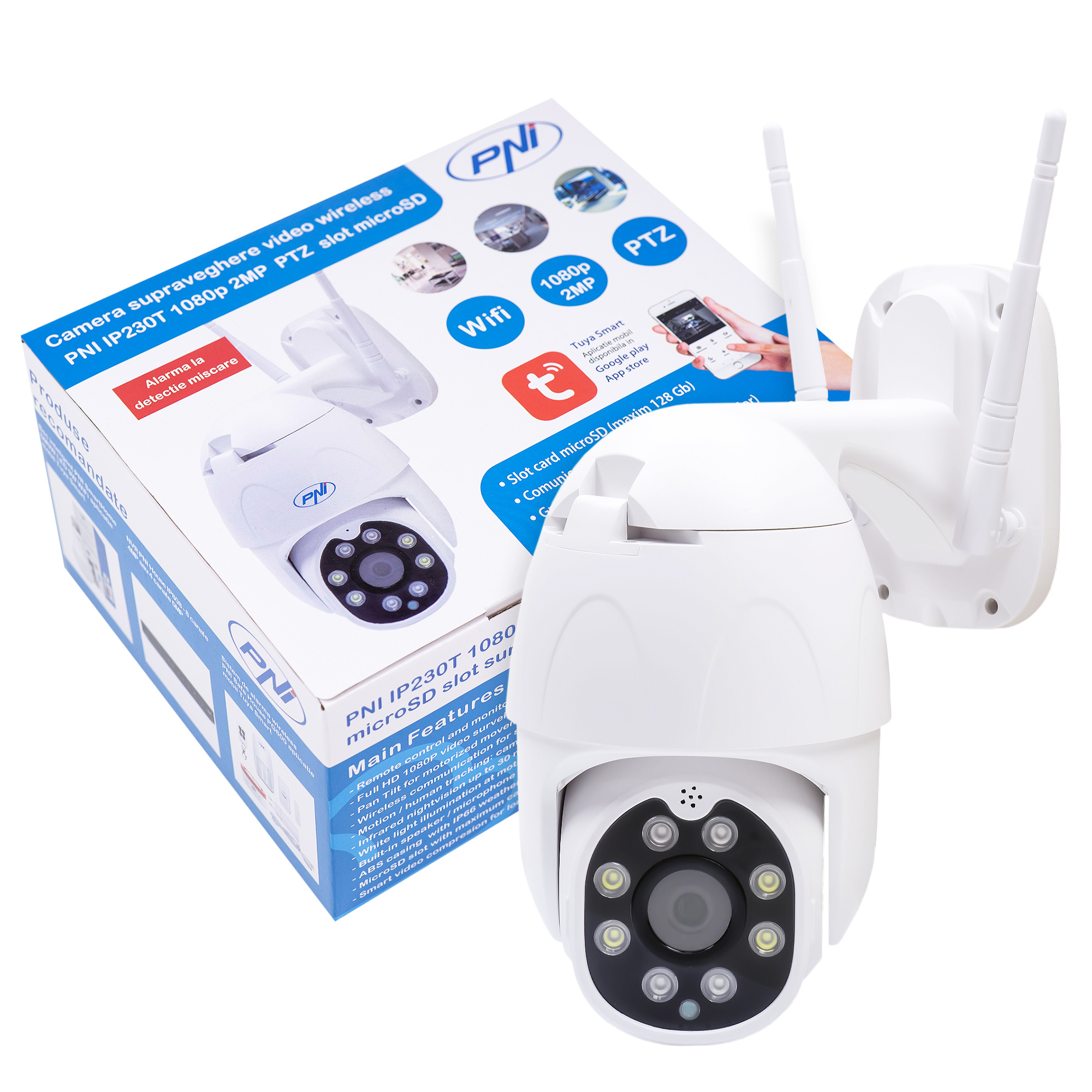 Camera supraveghere wireless PNI IP230T 1080P cu PTZ, H264+, Night Vision, aplicatia Tuya, P2P, Android, iOS, pentru interior si exterior, rotire dupa miscare, alarma la miscare