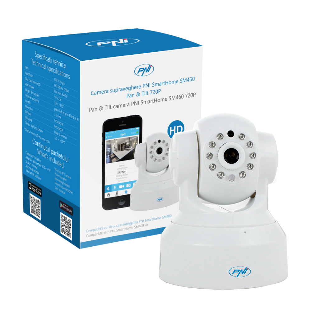 Camera supraveghere PNI SmartHome SM460 pan & tilt 720p controlabila prin internet, inregistreaza foto-video pe telefon