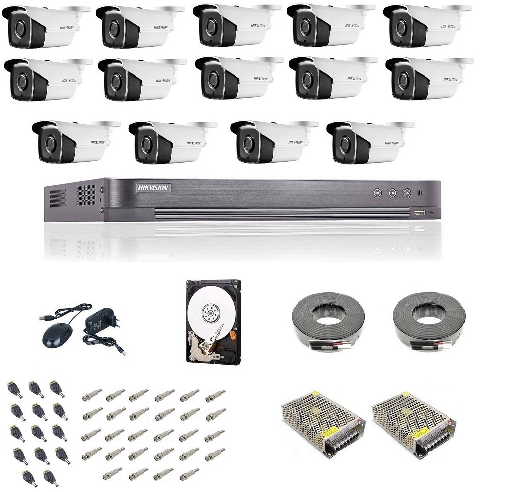 Kit complet supraveghere 5 MP Hikvision Turbo HD cu 14 camere Bullet IR 40