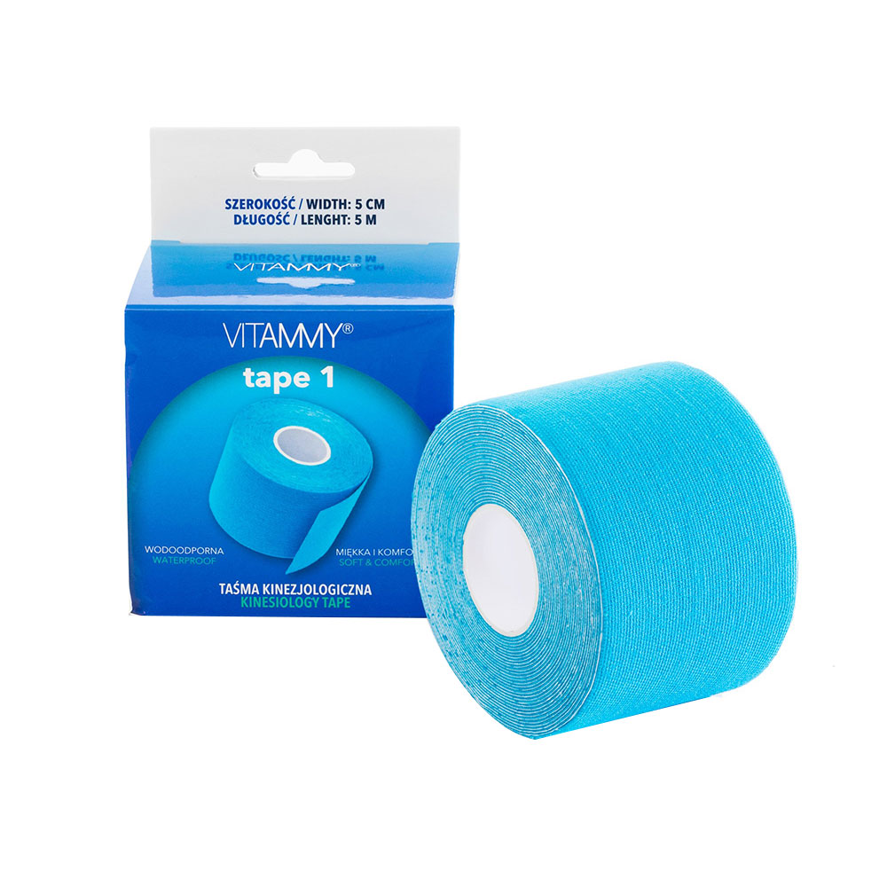 Banda Kinesiologica Vitammy Tape 1, impermeabila, moale si confortabila, fara latex, 5 cm x 5 m, Albastru