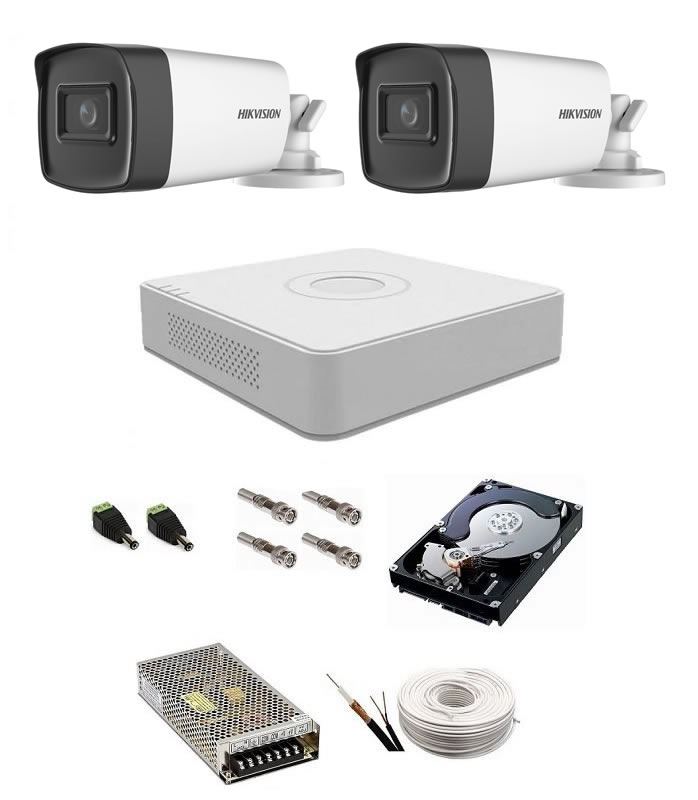 Sistem supraveghere Hikvision 2 camere 5 Mp, IR 40 m