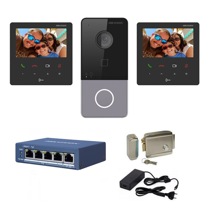 Kit complet videointerfon IP Hikvision pentru 1 familie, 2 posturi de interior 4.3 inch