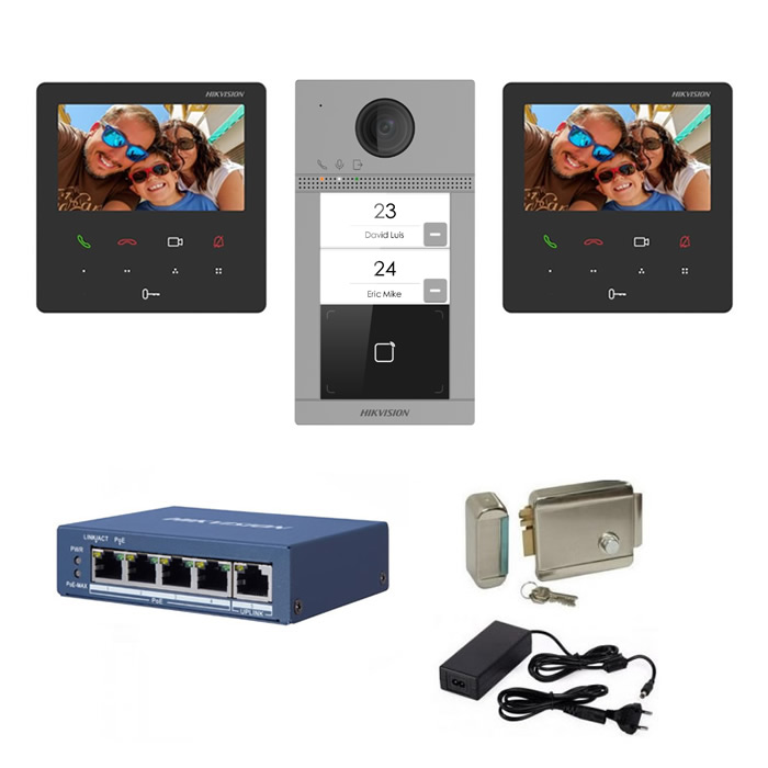 Kit complet videointerfon IP Hikvision pentru 2 familii, 2 posturi de interior 4.3 inch