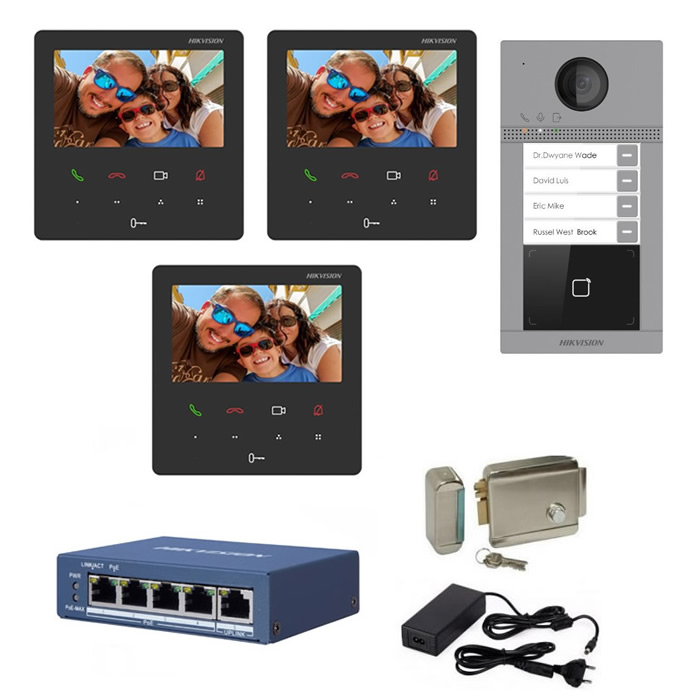 Kit complet videointerfon IP Hikvision pentru 3 familii, 3 posturi de interior 4.3 inch