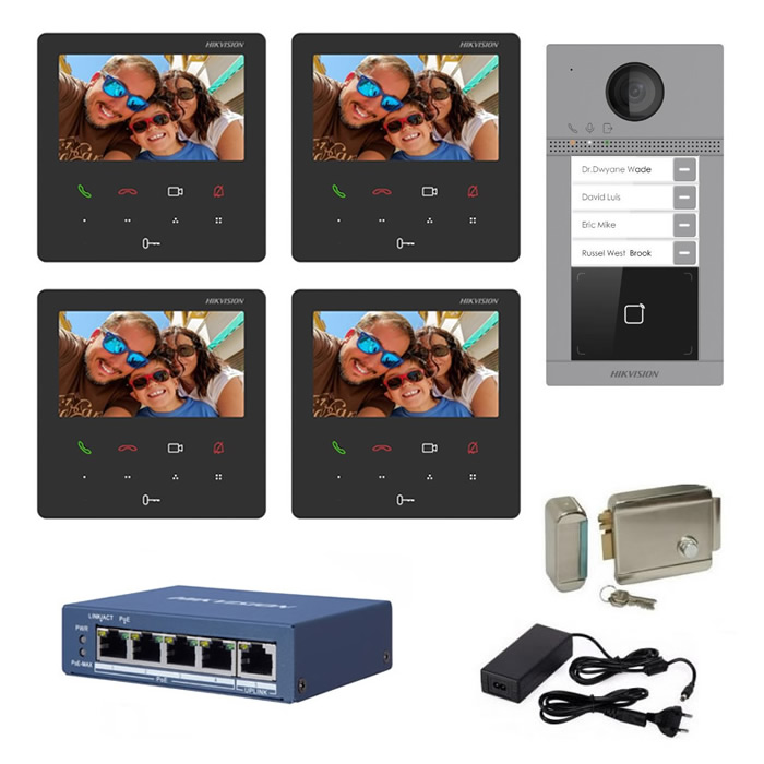 Kit complet videointerfon IP Hikvision pentru 4 familii, 4 posturi de interior 4.3 inch