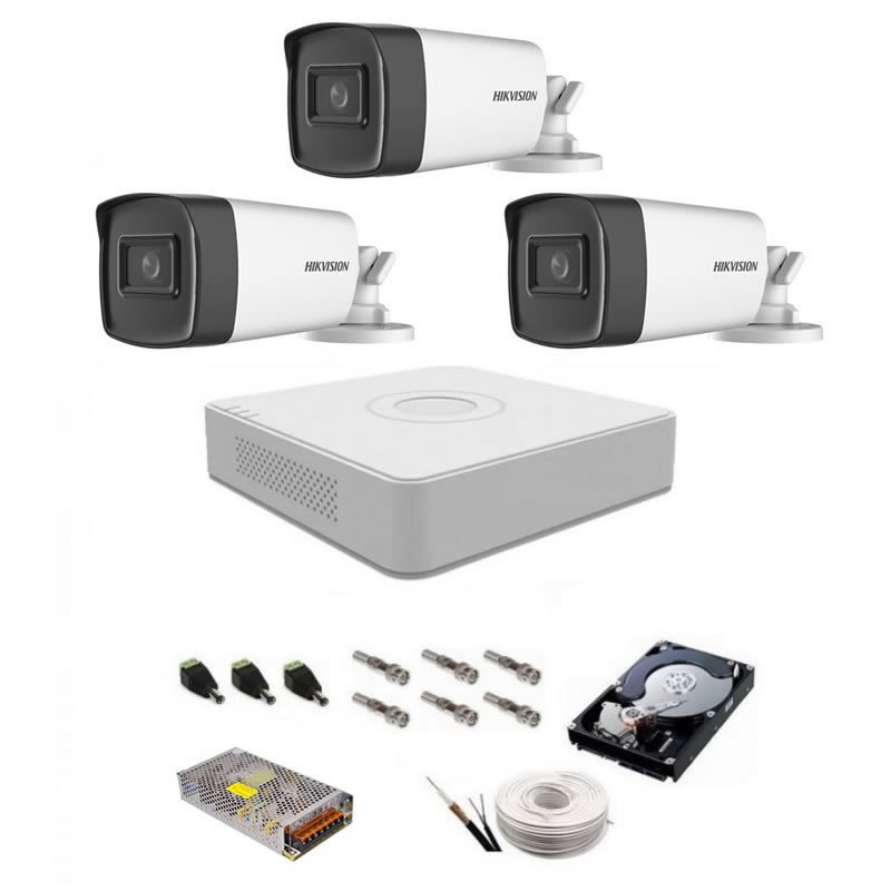 Sistem supraveghere audio-video complet 3 camere Hikvision 5 Mp, ir 40 m