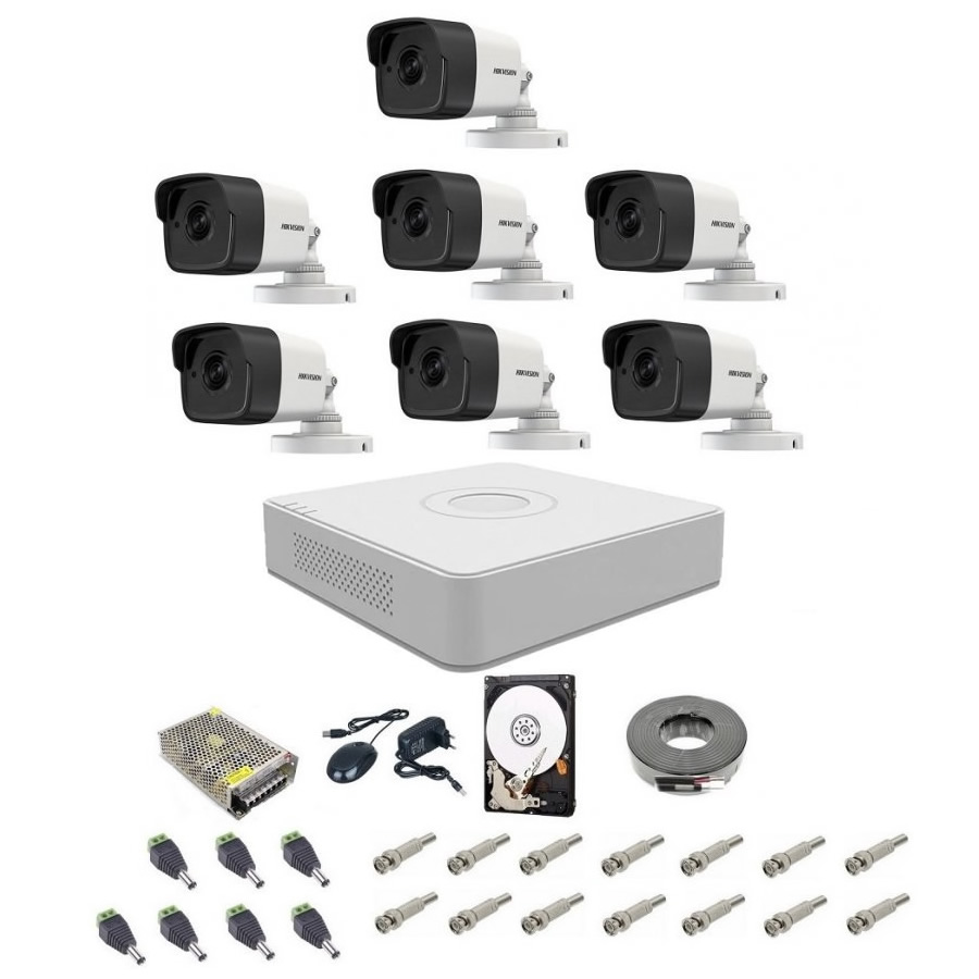 Sistem supraveghere audio-video Hikvision 7 camere 5 Mp, IR 20 m