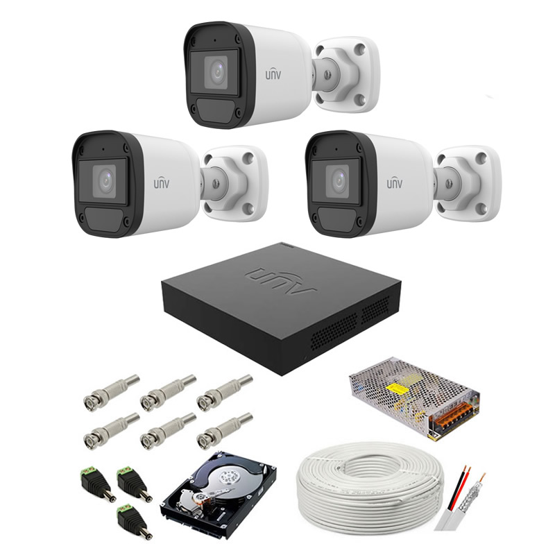 Kit supraveghere complet audio-video UNIVIEW, 3 camere, 2 MP, IR 20M