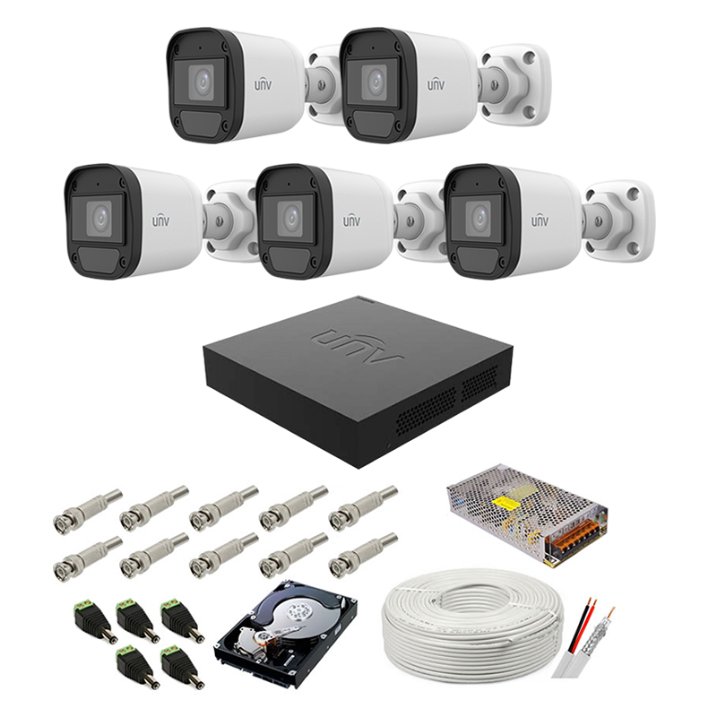 Kit supraveghere complet audio-video UNIVIEW, 5 camere, 2 MP, IR 20M