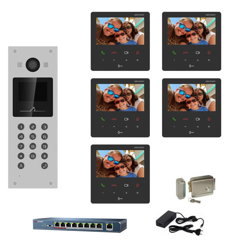 Kit complet videointerfon IP Hikvision pentru 5 apartamente, 5 posturi de interior 4.3 inch