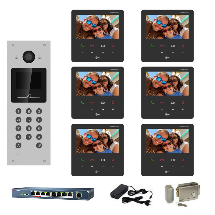 Kit complet videointerfon IP Hikvision pentru 6 apartamente, 6 posturi de interior 4.3 inch