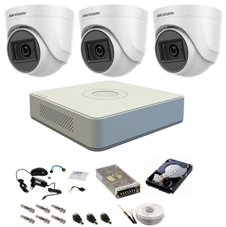 Sistem supraveghere audio-video 3 camere pentru interior DOM Hikvision Turbo HD 1080P