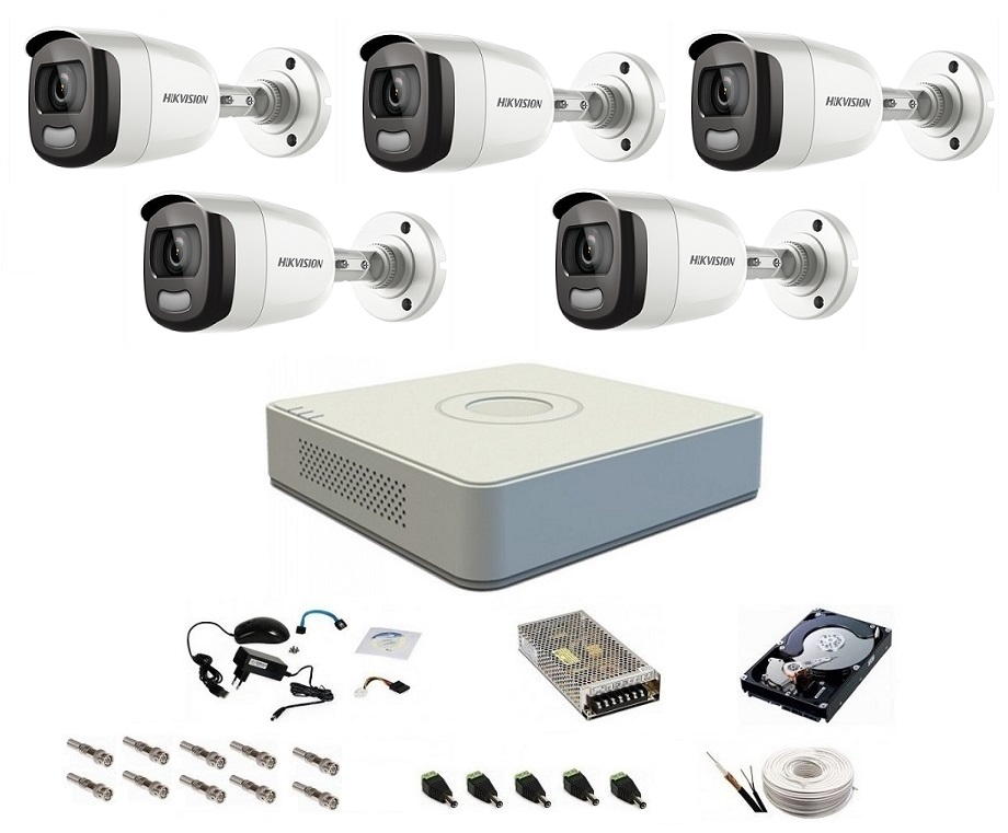 Sistem complet de supraveghere 1080P, 2 Mp, Hikvision, 5 camere cu lumina alba 20 m, color noaptea