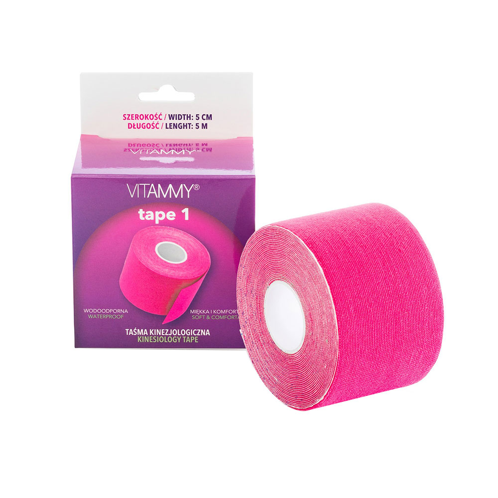 Banda Kinesiologica Vitammy Tape 1, impermeabila, moale si confortabila, fara latex, 5 cm x 5 m, Roz