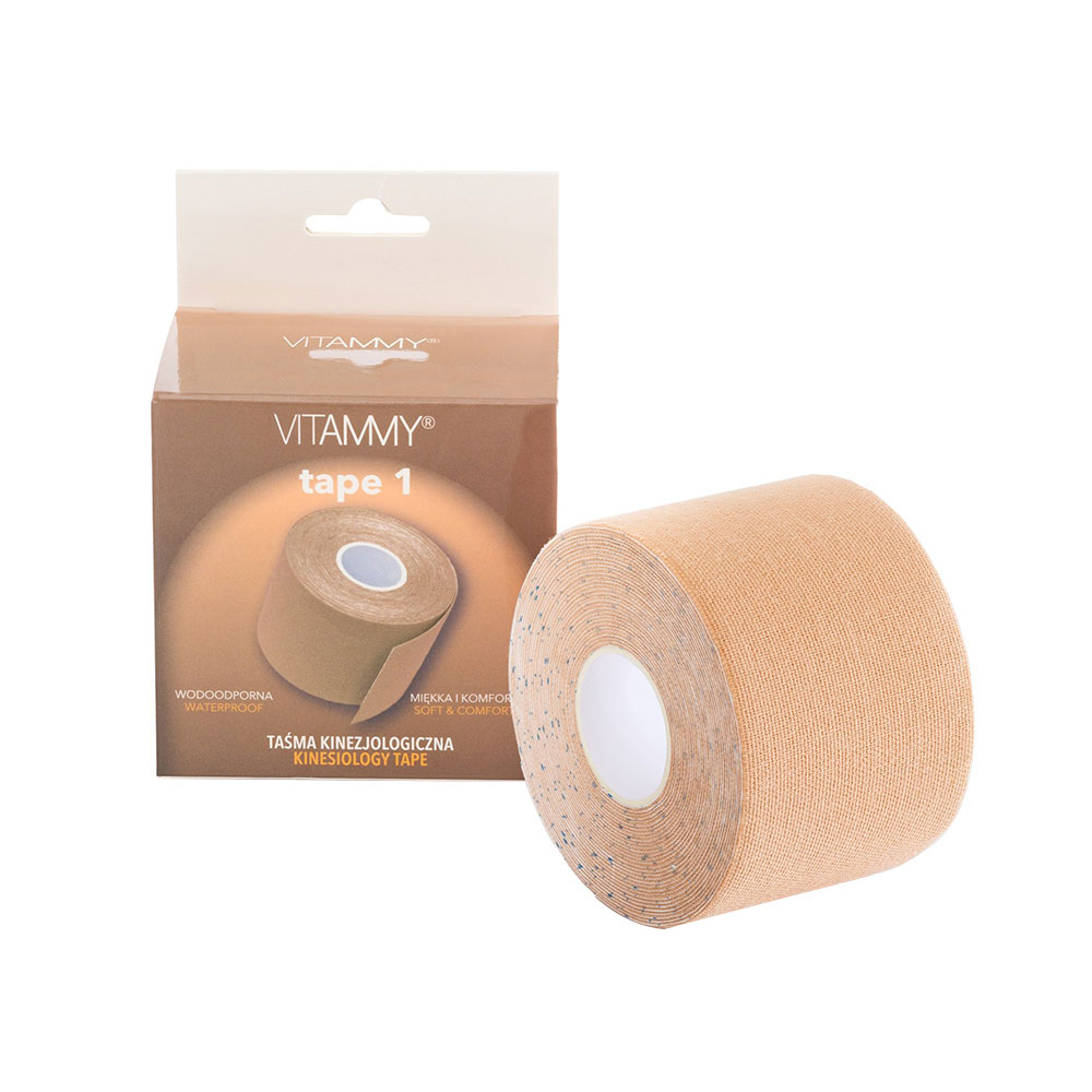 Banda Kinesiologica Vitammy Tape 1, impermeabila, moale si confortabila, fara latex, 5 cm x 5 m, Bej