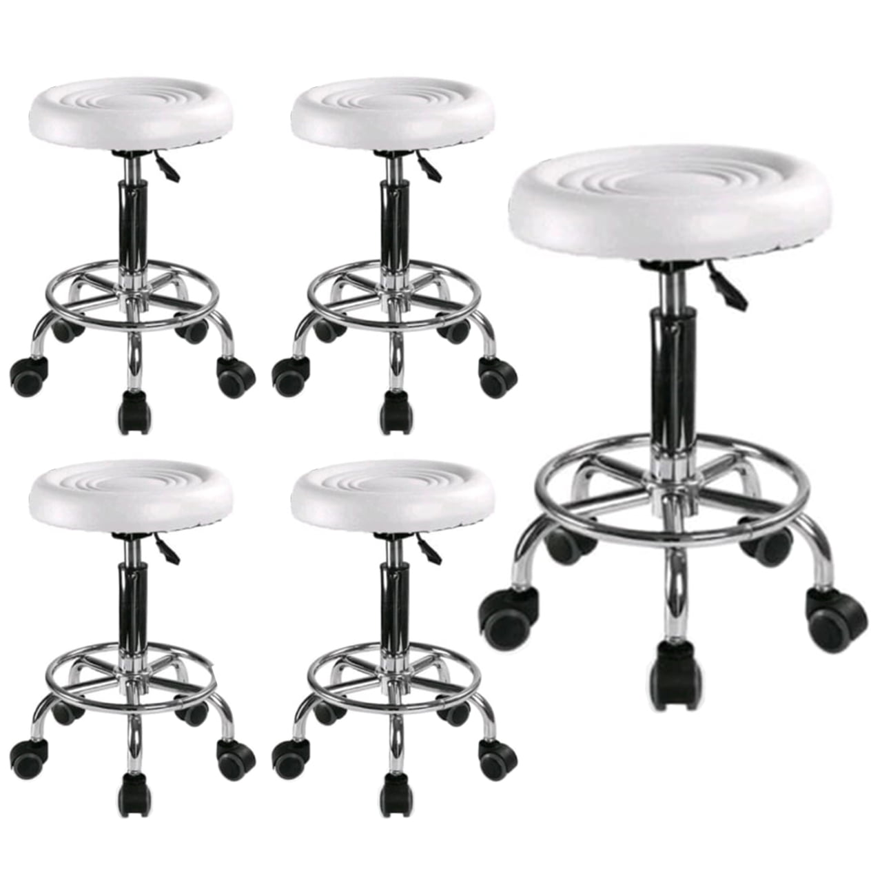 Set 5 bucati - Scaun hidraulic cu roti, Alb, Taburet rotativ, Pentru salon, Cosmetica, Manichiura, Pedichiura, Frizerie, Coafor, Piele ecologica, Cu suport  pentru picioare