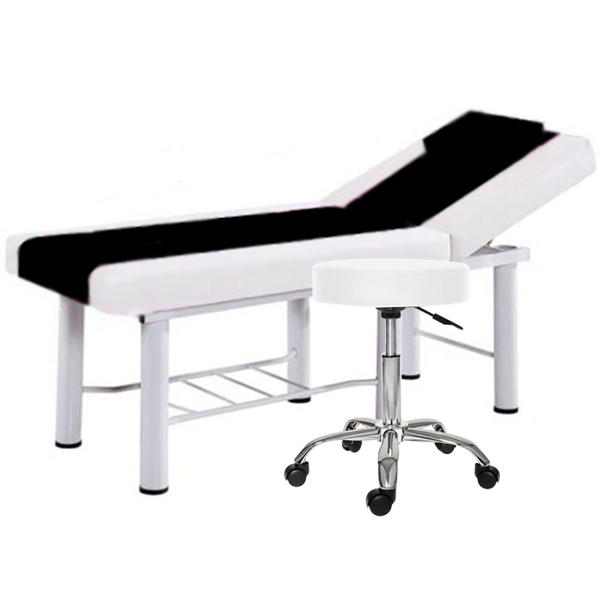 Set Pat cosmetica, Alb-Negru, 186x70x70cm, 22kg, Piele eco + Scaun rotativ pentru salon, Taburet pe roti Alb